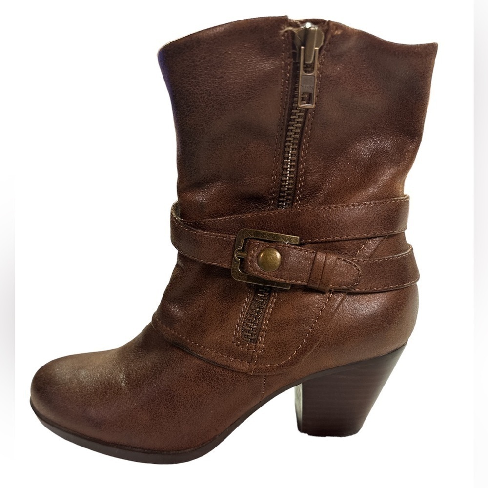 Bare Traps Arlyn Mid-Brown Zippered Stacked Heel Boots Nonskid Sole 7.5